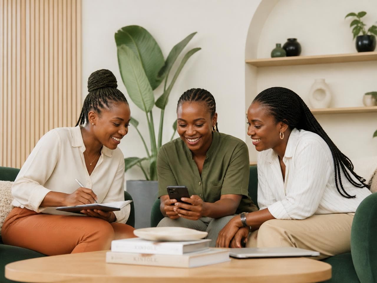 Three women sitting together, one holding a phone and another an open notebook, going over their accounts.